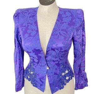 Vintage Evening Jacket Blazer Purple Iridescent Floral Cut Outs Puff Sleeve Sz 8